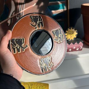 Vintage 8" Brown Elephant Wood Wall Mirror Indonesia
